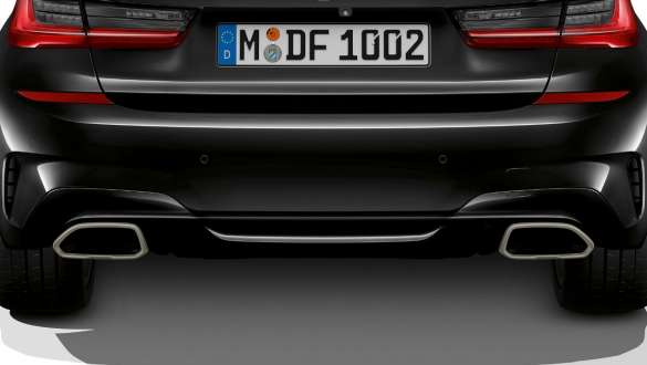Exkluzivní koncovky výfuku BMW M340i xDrive Sedan G20 2020 BMW M340i xDrive Sedan G20 2020 metalický lak 2020 Sapphire Black (černá) exkluzivní koncovky výfuku detailní pohled