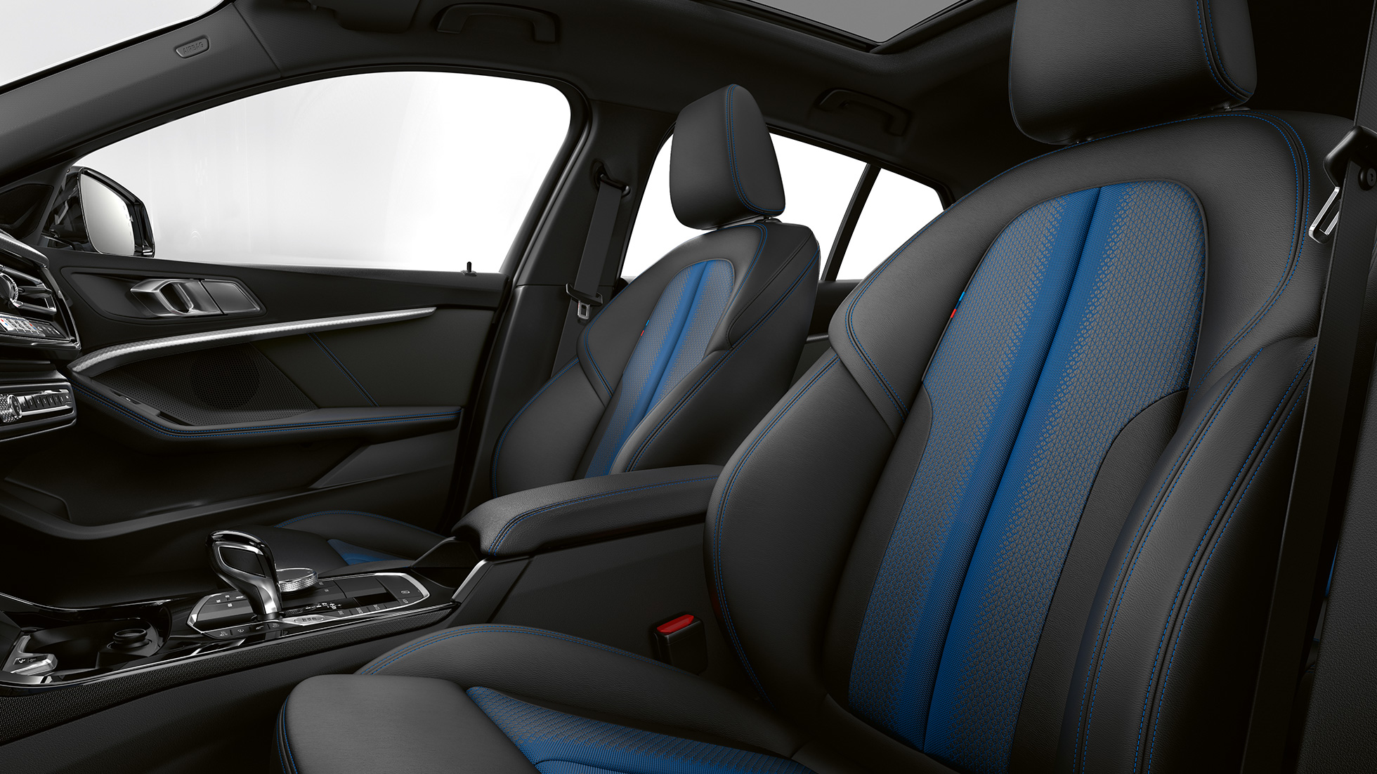 M sportovní sedadla. BMW řady 1 Model M Sport, interiér s M sportovními sedadly.