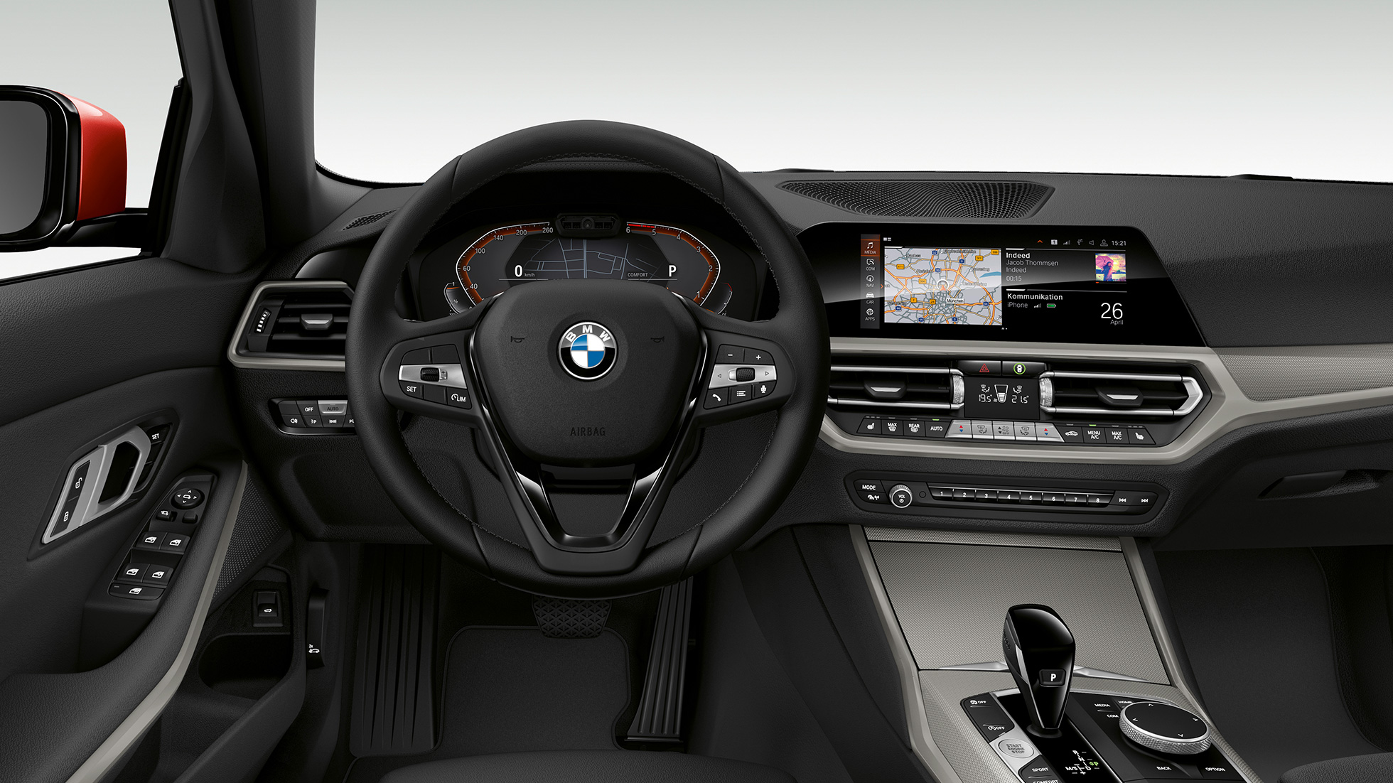 BMW řady 3 Sedan, Model Advantage, interiér. Přední detailní pohled na kokpit řidiče BMW řady 3 Sedan v provedení Model Advantage.