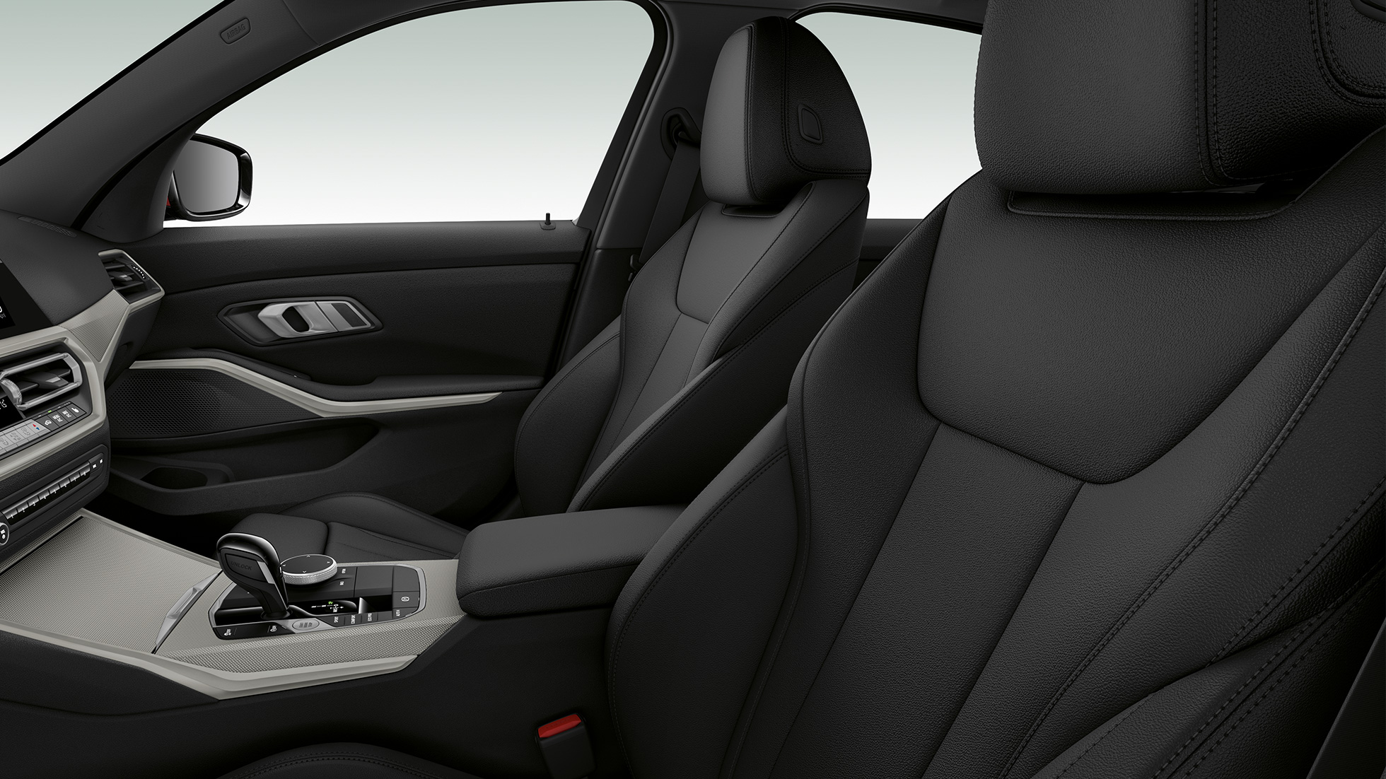 BMW řady 3 Sedan, přední sedadla Modelu Advantage. Detailní pohled z boku na přední sedadla BMW řady 3 Sedan v provedení Model Advantage.