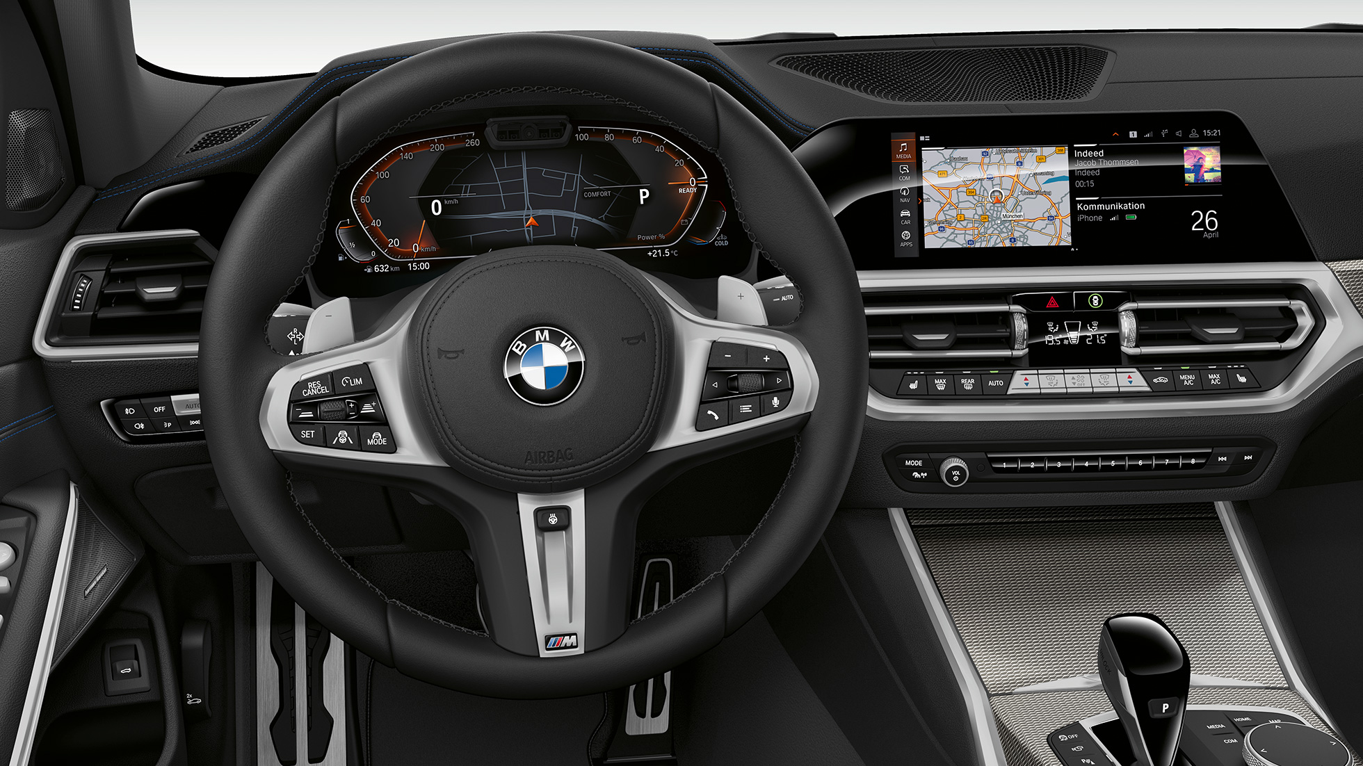 BMW řady 3 Sedan, model Sport Line, interiér Přední detailní pohled na kokpit řidiče BMW řady 3 Sedan v provedení Model Sport Line.