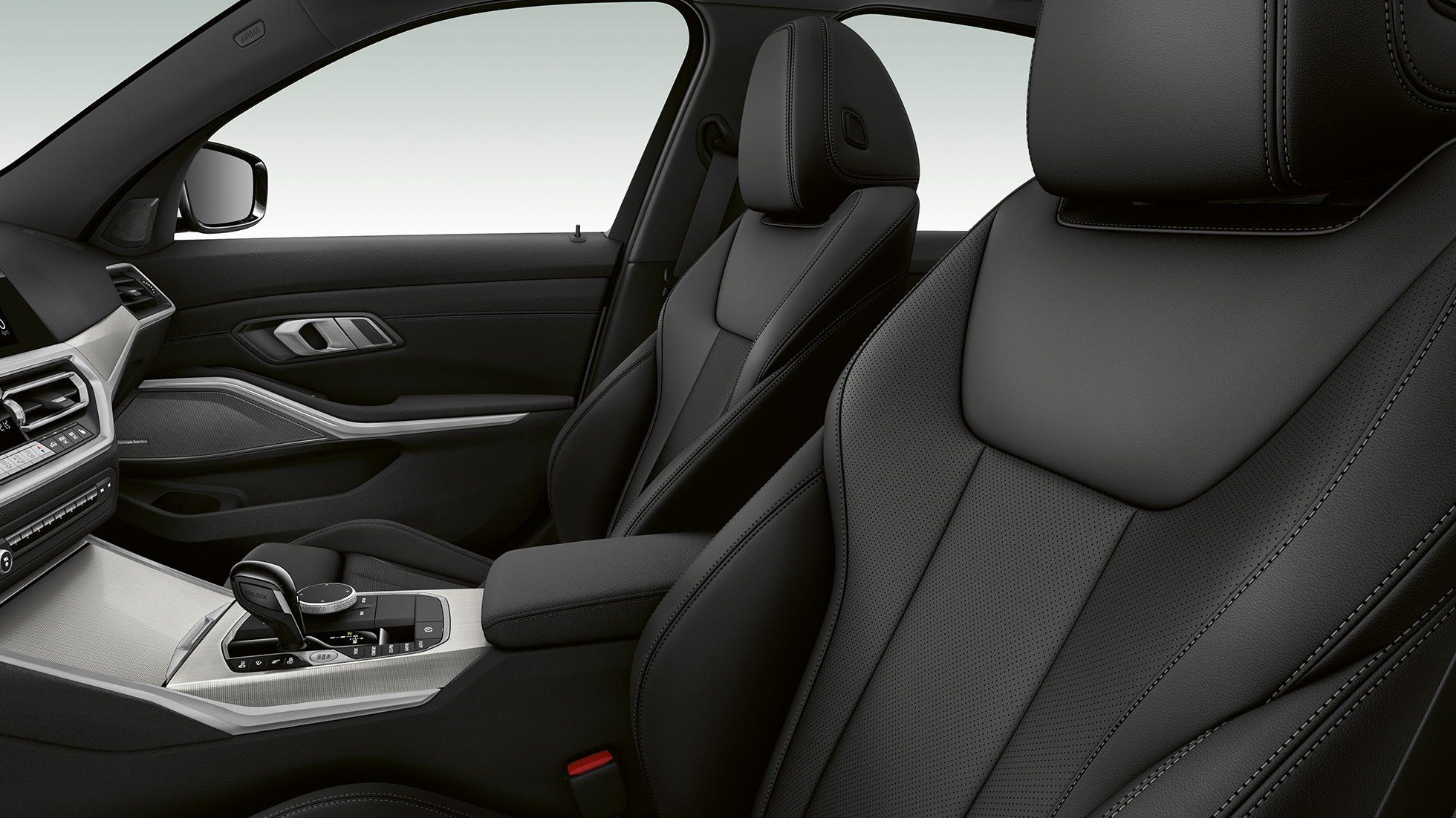 BMW řady 3 Sedan, přední sedadla Modelu Sport Line Detailní pohled z boku na přední sedadla BMW řady 3 Sedan v provedení Model Sport Line.