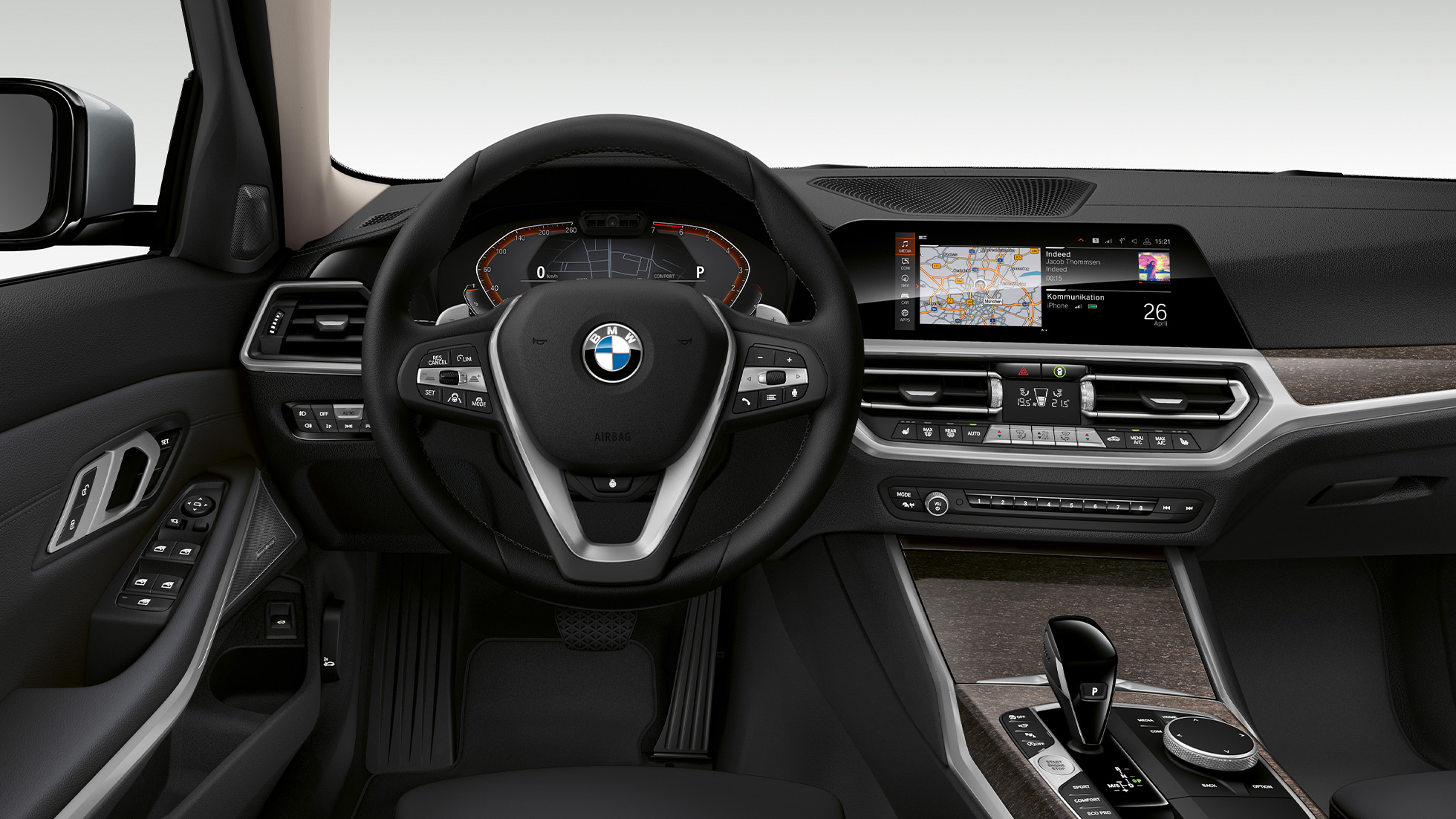 BMW řady 3 Sedan, kokpit Modelu Luxury Line. Přední detailní pohled na kokpit řidiče BMW řady 3 Sedan v provedení Model Luxury Line.
