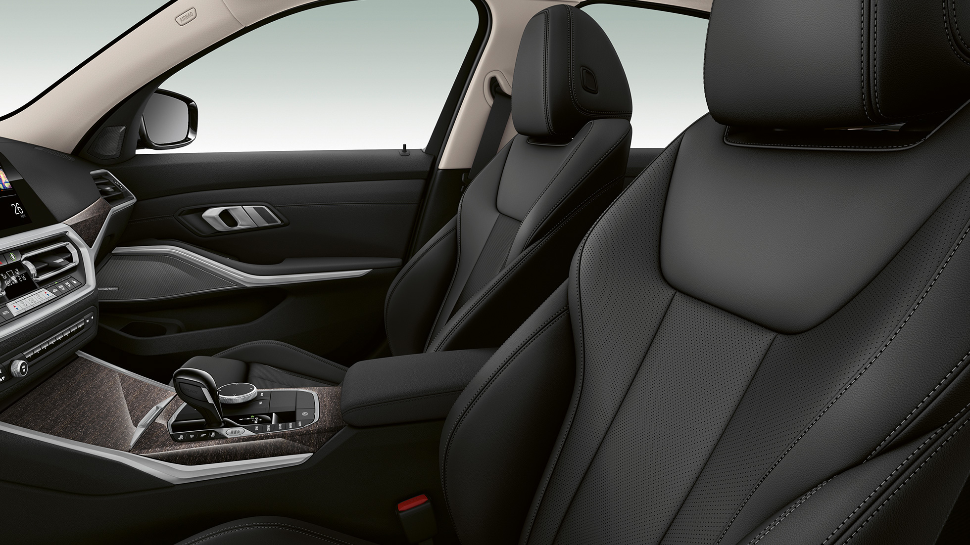 BMW řady 3 Sedan, přední sedadla Modelu Luxury Line. Detailní pohled z boku na přední sedadla BMW řady 3 Sedan v provedení Model Luxury Line.