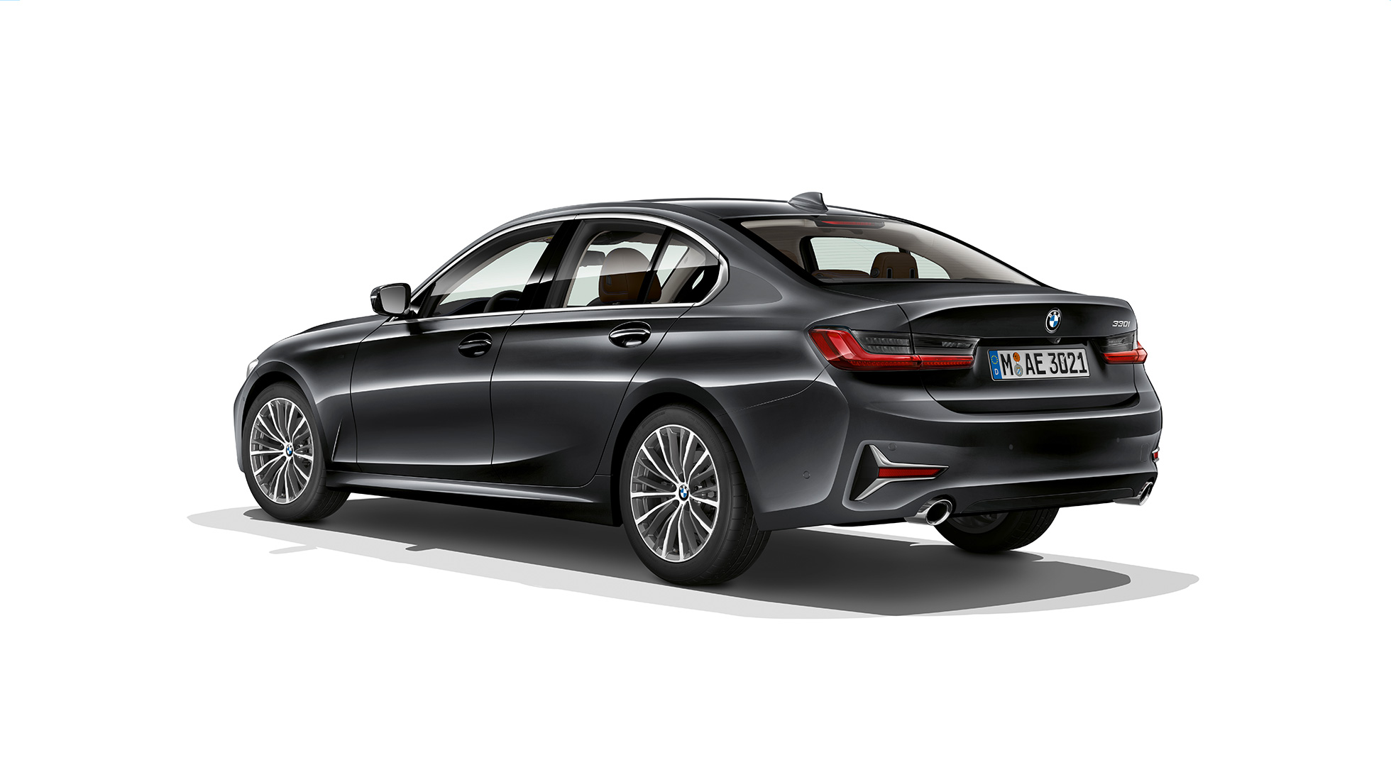BMW řady 3 Sedan, zadní část Modelu Luxury Line. Zadní tříčtvrteční pohled na BMW řady 3 Sedan v provedení Model Luxury Line.