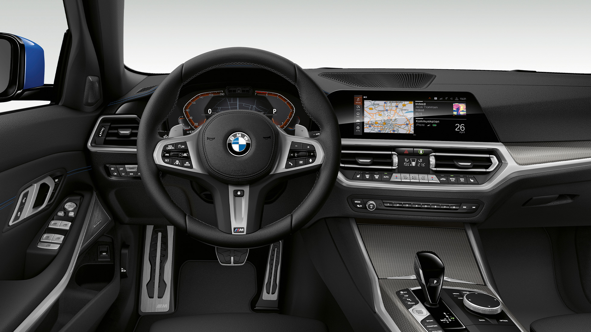 BMW řady 3 Sedan, Model M Sport, interiér Přední detailní pohled na prostor řidiče BMW řady 3 Sedan v provedení Model M Sport.