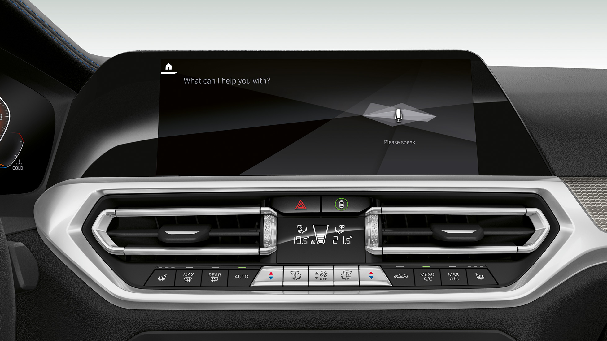 BMW řady 3 Sedan, BMW Intelligent Personal Assistant. Detailní záběr na displej kokpitu BMW řady 3 Sedan s BMW Intelligent Personal Assistant.