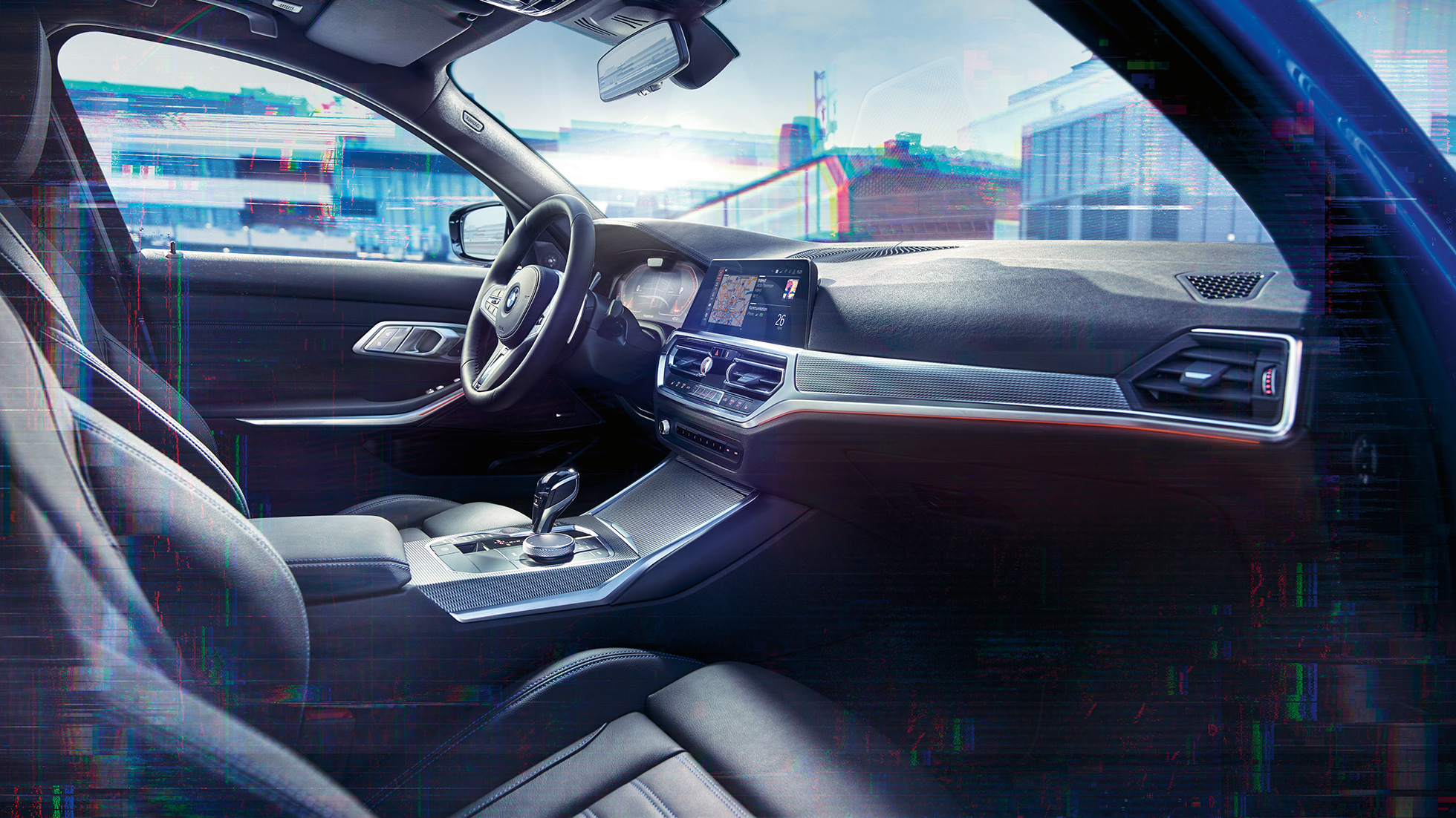 BMW řady 3 Sedan, BMW Live Cockpit Professional Detailní pohled na interiér BMW řady 3 Sedan s BMW Live Cockpit Professional.