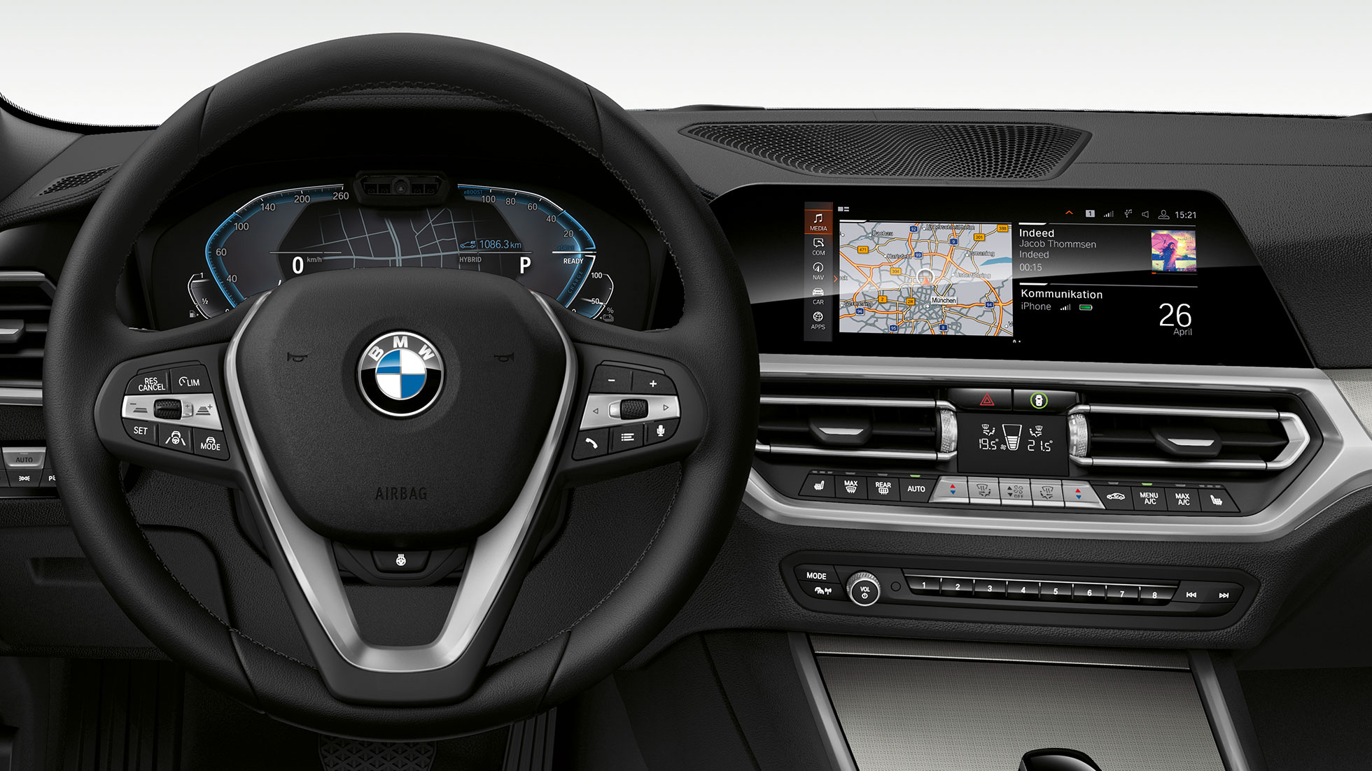 BMW řady 3 Sedan, interiér. Detailní pohled zpředu na interiér s i-specifickým displejem v BMW řady 3 Sedan.