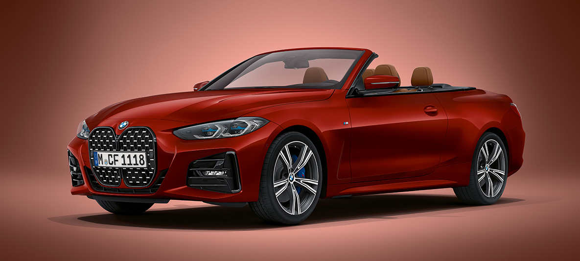 BMW Individual metalický lak Aventurin Red (červená) BMW řady 4 Cabrio G23 2020 BMW řady 4 Cabrio G23 2020 BMW Individual metalický lak Aventurin Red (červená) tříčtvrteční pohled zepředu při stání