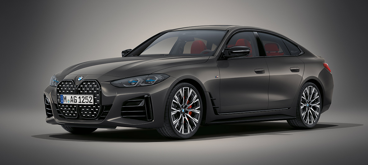 BMW řady 4 Gran Coupé G26 2021 BMW Individual metalický lak Dravite Grey (šedá) BMW řady 4 Gran Coupé G26 2021 BMW Individual metalický lak Dravite Grey (šedá) statický tříčtvrteční pohled zepředu