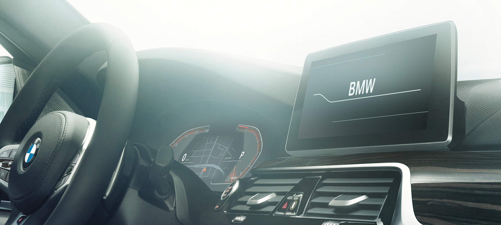 Konektivita BMW řady 5 Sedan Konektivita uvnitř BMW řady 5 Sedan 540i Sedan G30 v metalické barvě Bluestone (šedá) v detailním pohledu