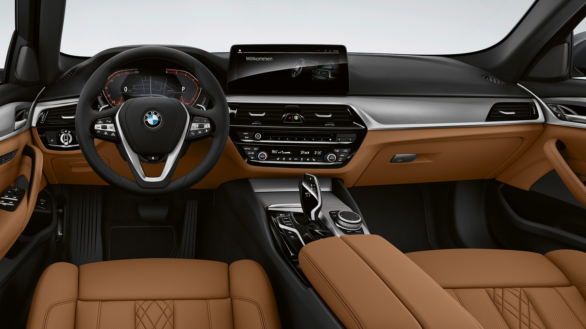 Interiér BMW řady 5 Sedan G30 v sériovém provedení Interiér BMW řady 5 Sedan 540i G30 2020 v sériovém provedení, interiér Sensatec Cognac (hnědá)