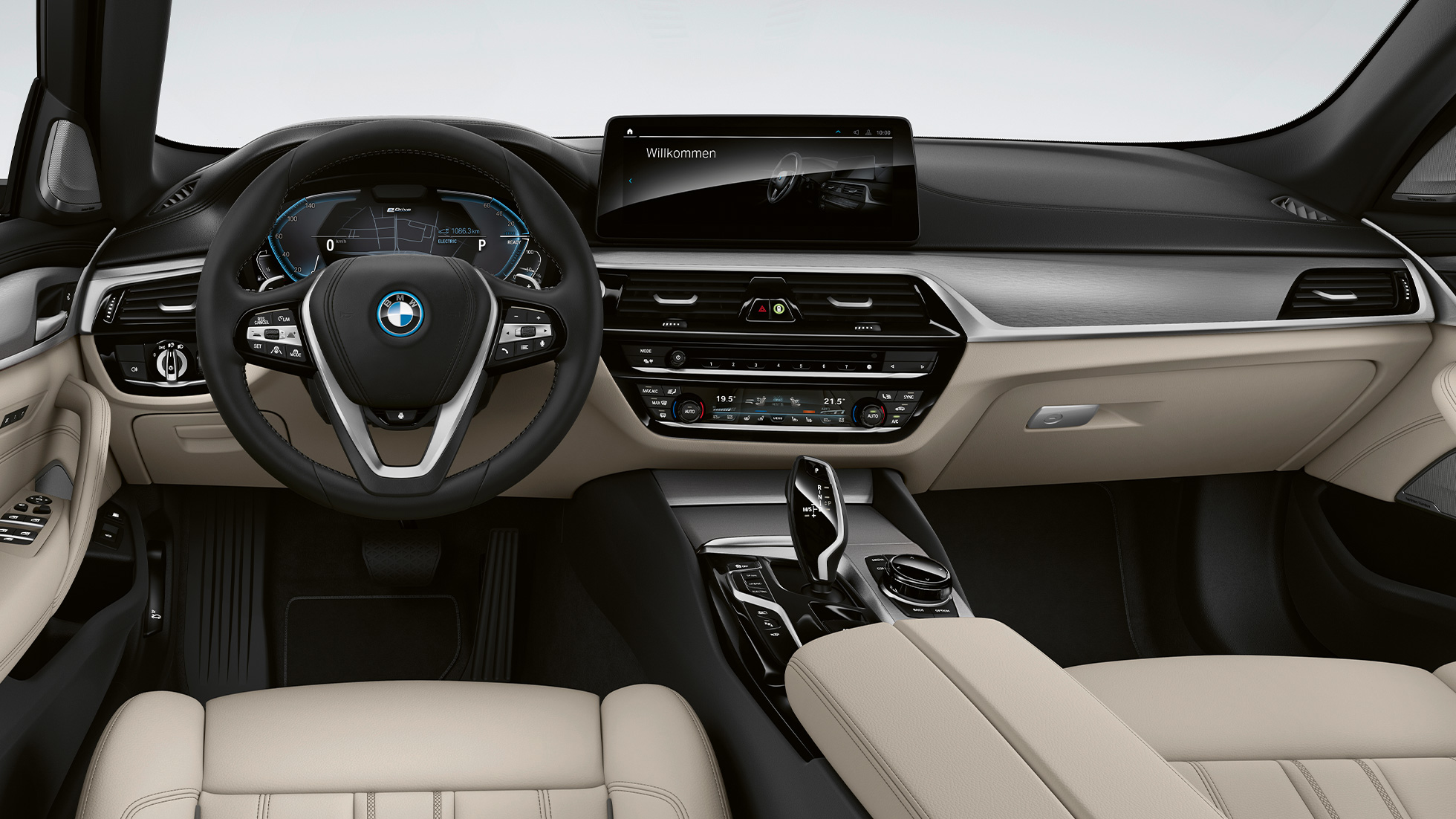 Interiér BMW řady 5 Touring G31 v sériovém provedení BMW řady 5 Touring 530i G31 2020 v sériovém provedení kůže Dakota Ivory White (bílá) s exkluzivním prošíváním a kontrastním lemováním, interiér
