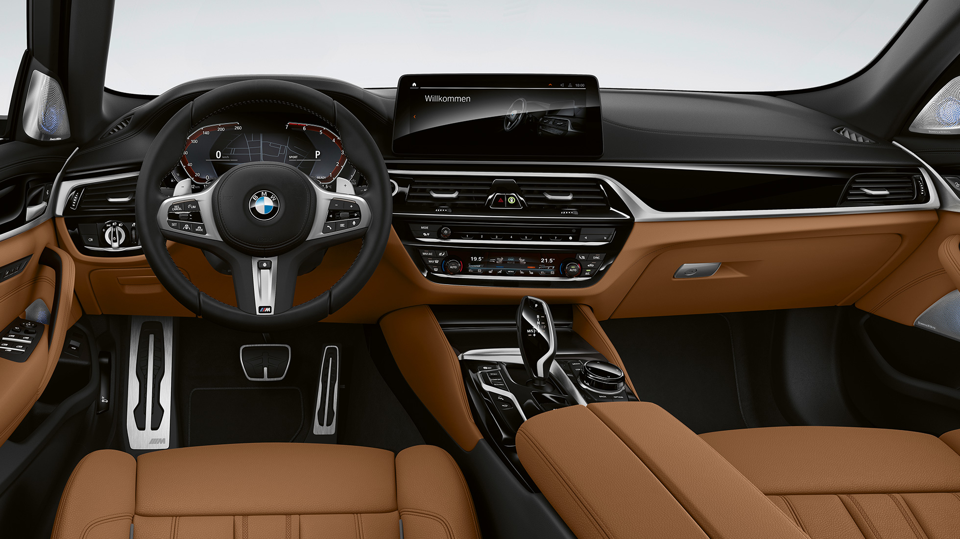 Kokpit BMW řady 5 Touring G31 M sportovní paket Kokpit BMW řady 5 Touring 530e G31 2020 M sportovní paket kůže Dakota Cognac (hnědá) s exkluzivním prošíváním a kontrastním lemováním, interiér