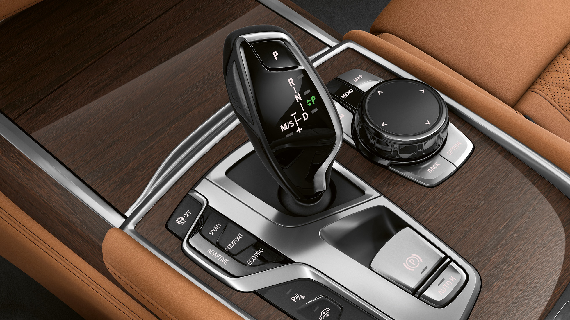 BMW řady 7 Sedan s paketem Exterior Design Pure Excellence: volič převodovky BMW řady 7 Sedan s paketem Exterior Design Pure Excellence: detailní pohled na volič převodovky
