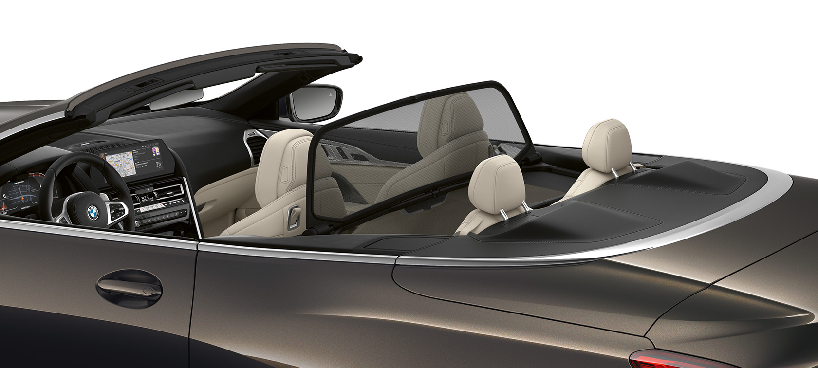 BMW M850i xDrive s metalickým lakem Dravit Grey, boční pohled s otevřenou plátěnou střechou. BMW M850i xDrive s metalickým lakem Dravit Grey, boční pohled s otevřenou plátěnou střechou.