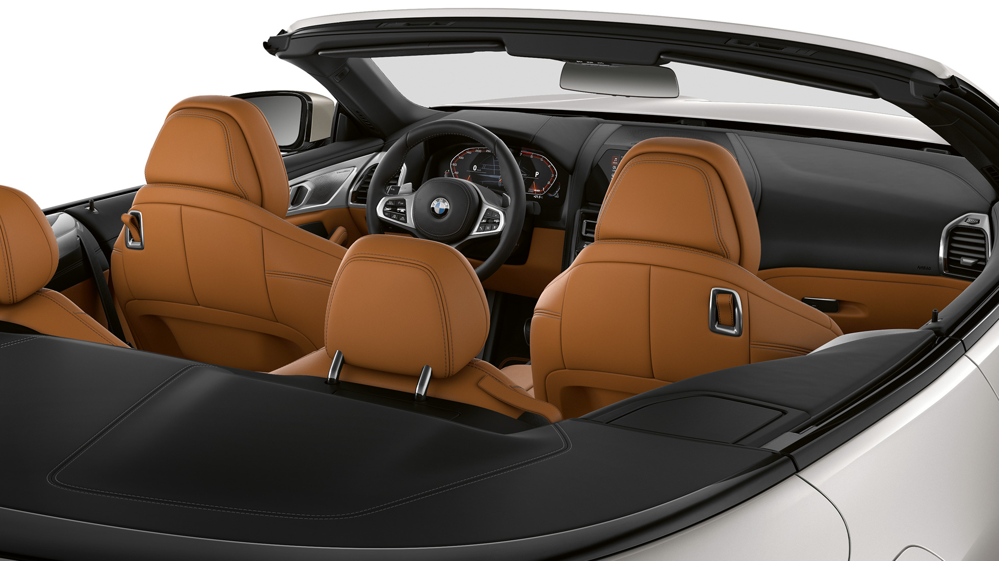 BMW M850i xDrive, interiér s otevřenou plátěnou střechou. BMW M850i xDrive, interiér s otevřenou plátěnou střechou.