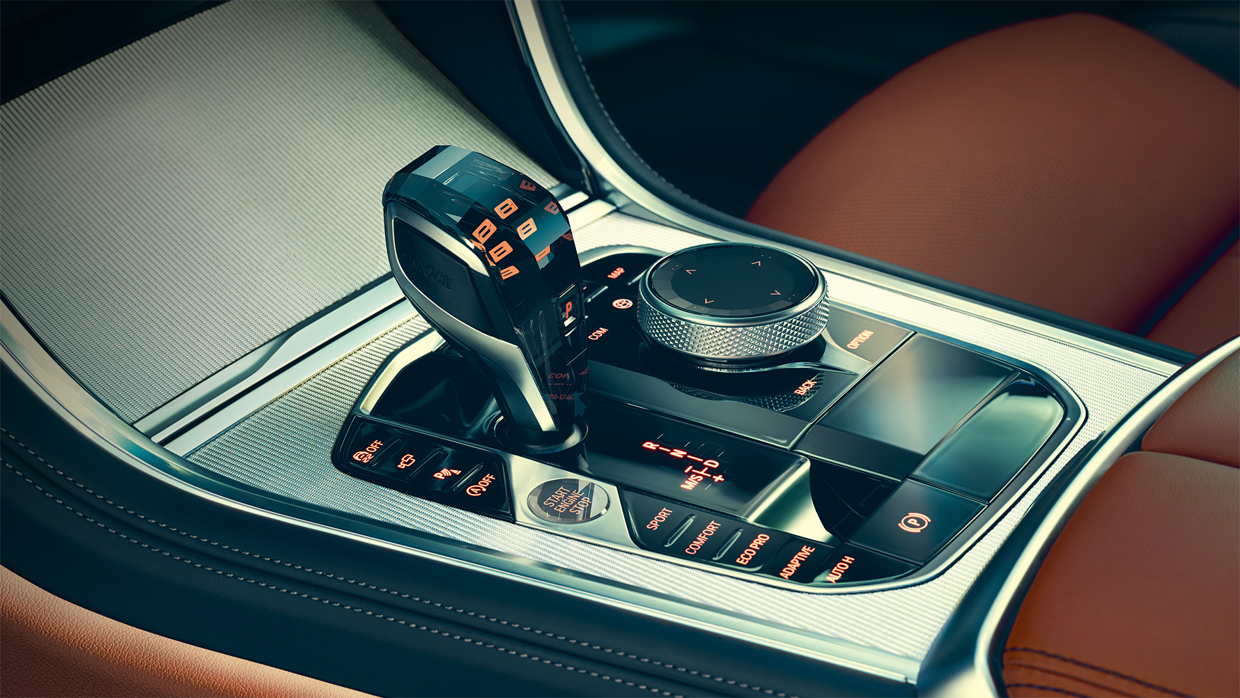 BMW řady 8 Coupé, skleněné povrchy Detail na skleněné prvky v interiéru BMW řady 8 Coupé.
