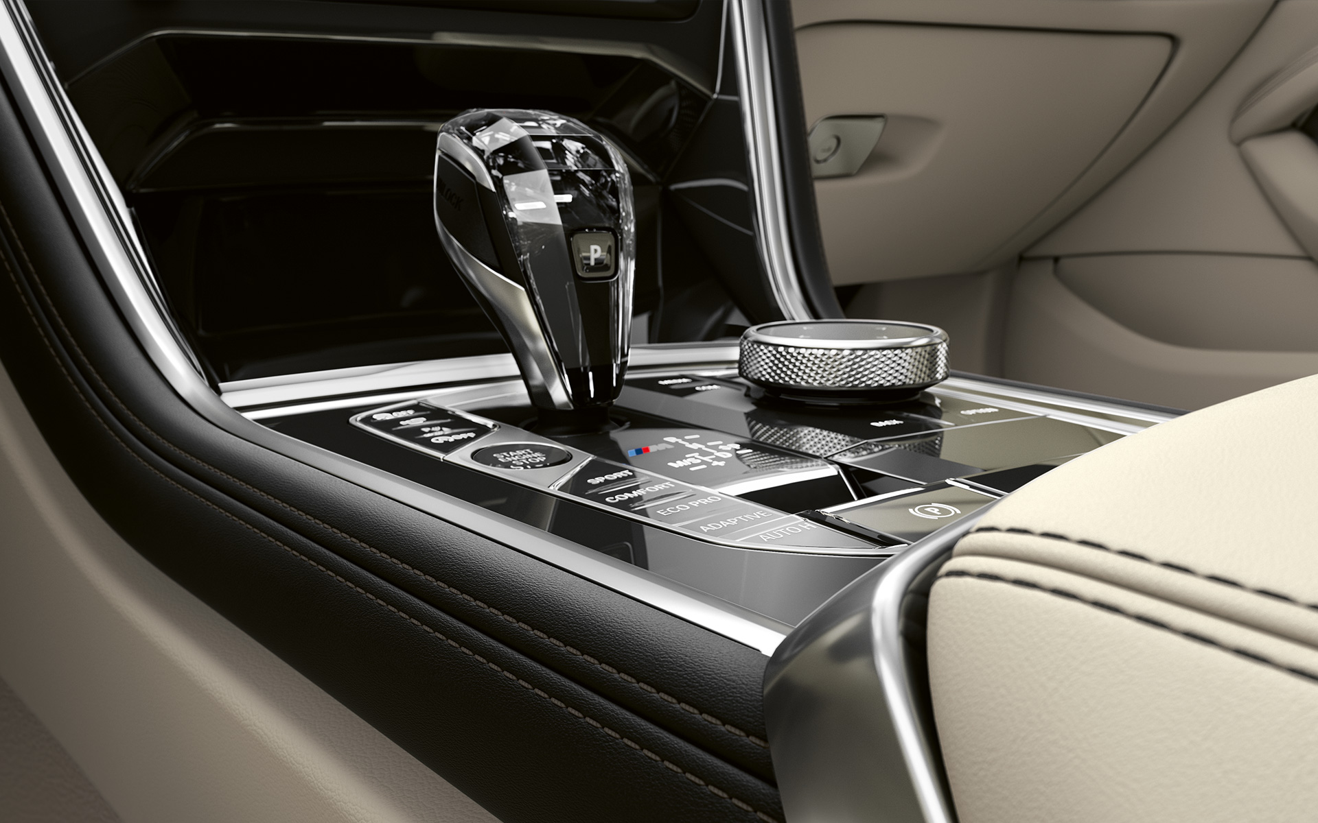 BMW řady 8 Coupé, středová konzola Detail na středovou konzolu BMW řady 8 Coupé.