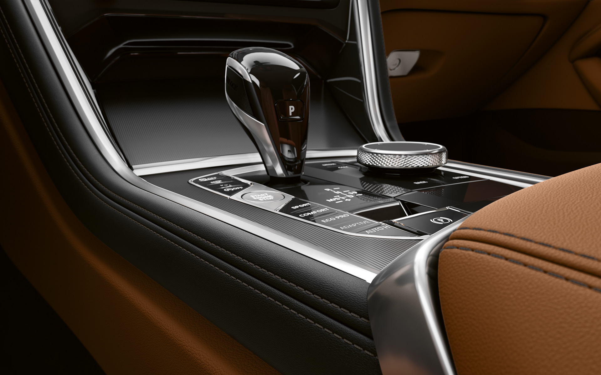 BMW řady 8 Coupé, středová konzola Detail na středovou konzolu BMW řady 8 Coupé.