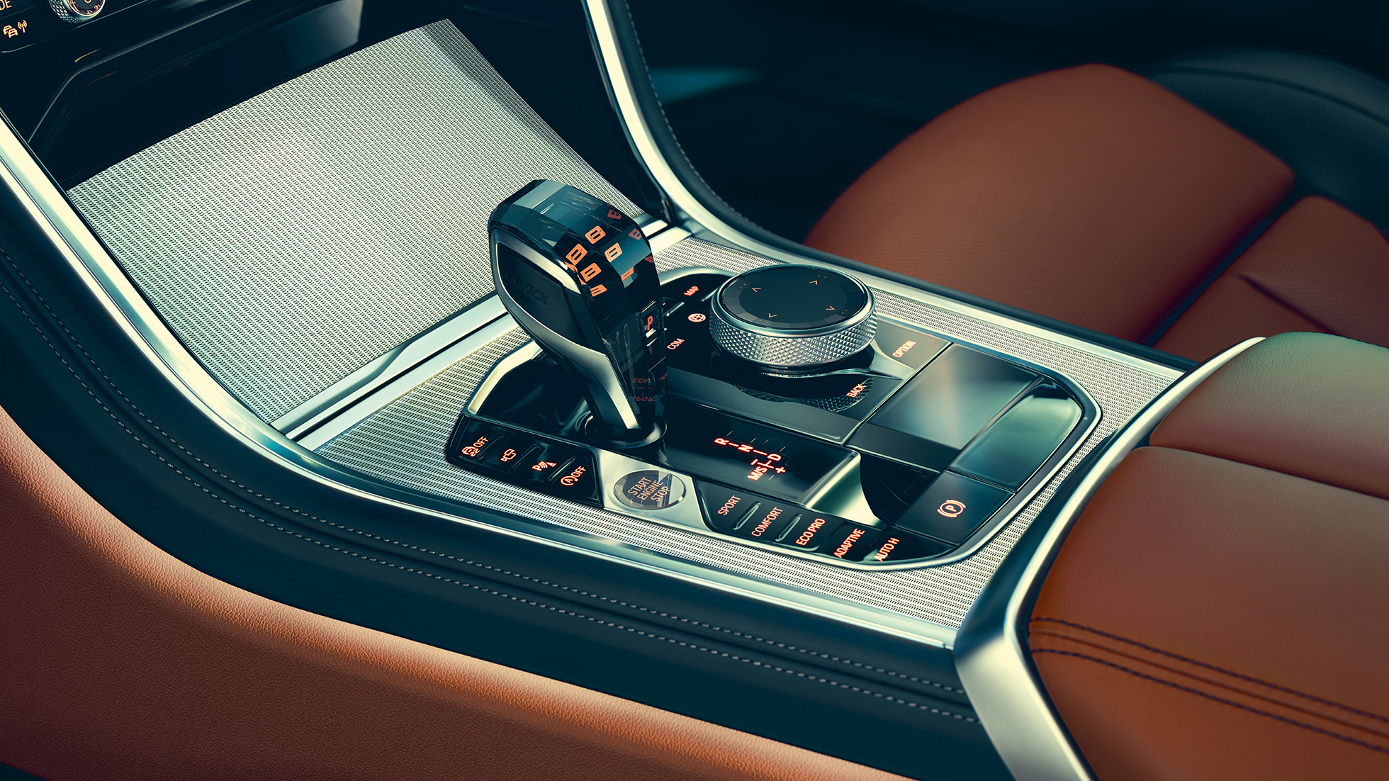 BMW řady 8 Coupé, interiér. BMW řady 8 Coupé, interiér, detailní pohled na volič převodovky.