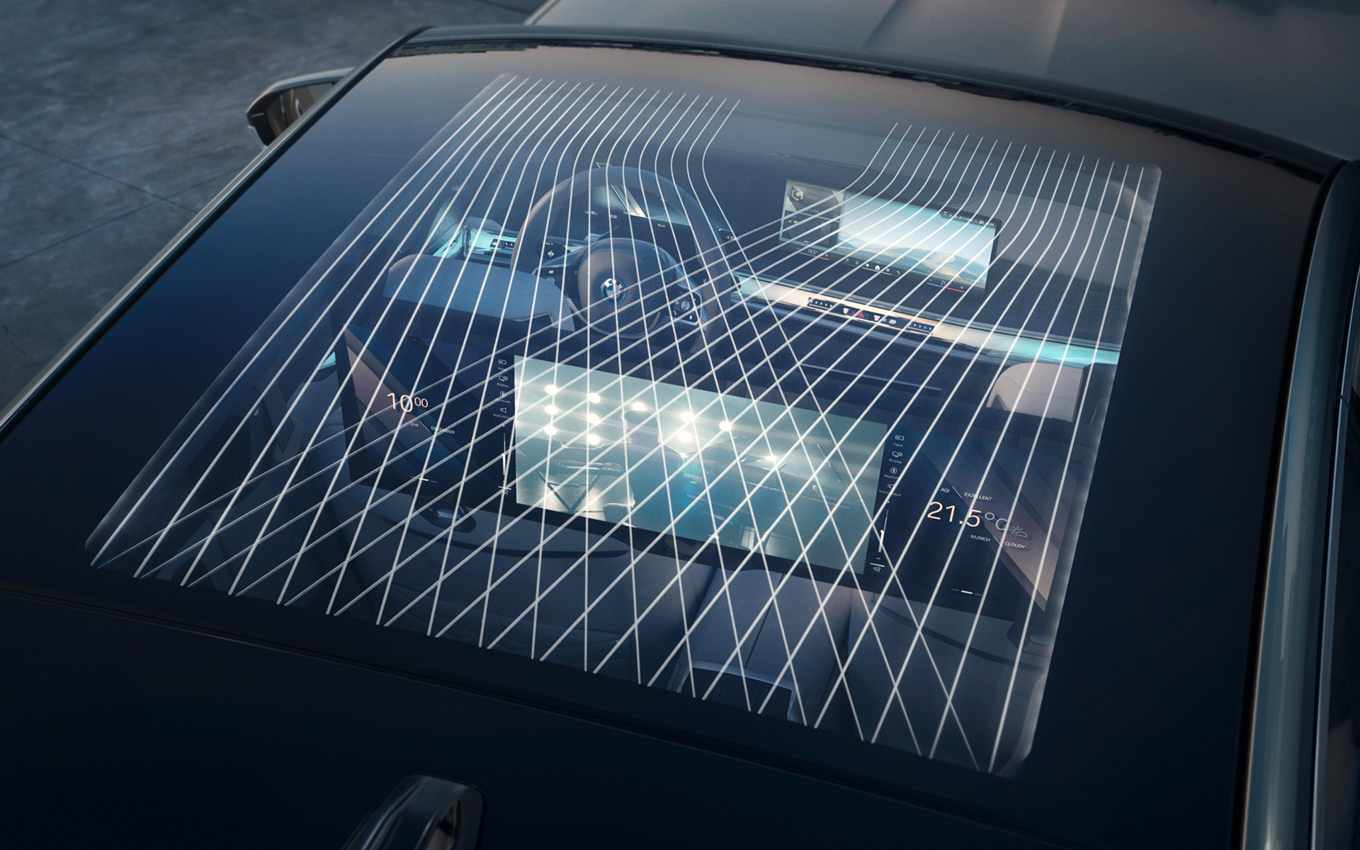Panoramatická skleněná střecha Sky Lounge BMW i7 Sedan G70 Interiér Panoramatická skleněná střecha Sky Lounge osvětlená BMW i7 Sedan G70 interiér