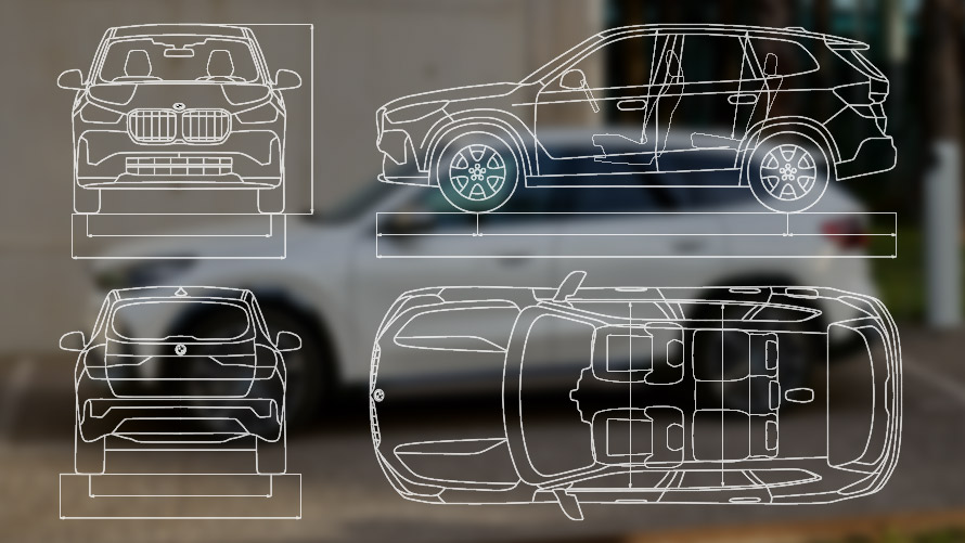 BMW iX1 U11 BEV 2022 metalický lak Mineral White z boku BMW iX1 xDrive30 U11 BEV 2022 metalický lak Mineral White pohled z boku u nabíjecího parkovacího místa s betonovou zdí