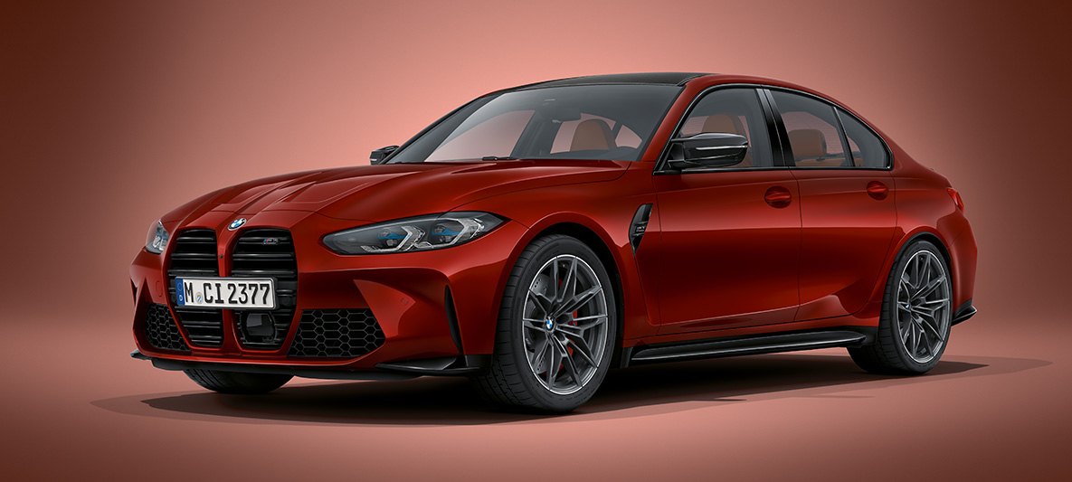 BMW Individual metalický lak Aventurine Red BMW M3 Sedan G80 2020 BMW M3 Sedan BMW Individual metalický lak Aventurine Red G80 2020 tříčtvrteční pohled zepředu