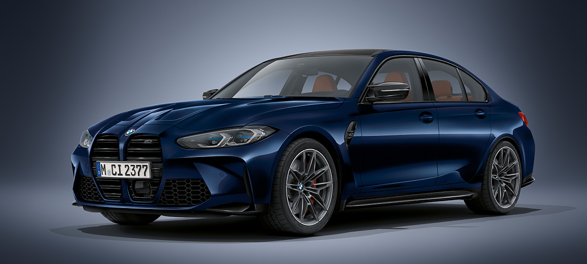 BMW Individual metalický lak Tanzanite Blue BMW M3 Sedan G80 2020 BMW M3 Sedan BMW Individual metalický lak Tanzanite Blue G80 2020 tříčtvrteční pohled zepředu