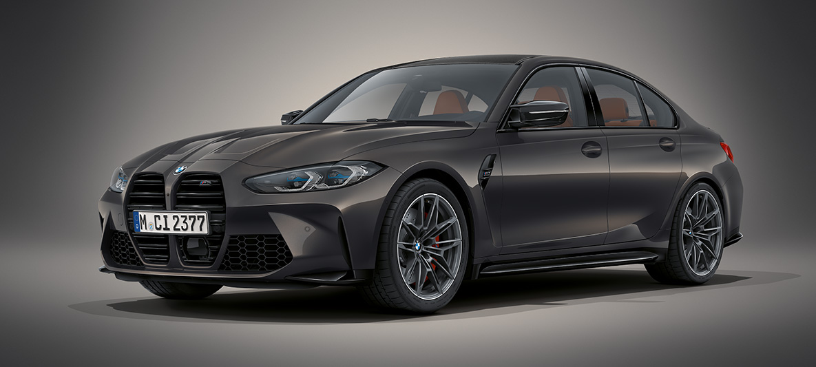 BMW Individual metalický lak Dravit Grey BMW M3 Sedan G80 2020 BMW M3 Sedan BMW Individual metalický lak Dravit Grey G80 2020 tříčtvrteční pohled zepředu