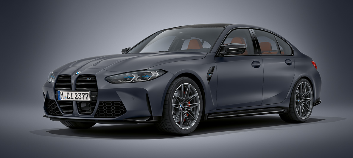 BMW Individual metalický lak Frozen Dark Grey metallic BMW M3 Sedan G80 2020 BMW M3 Sedan BMW Individual metalický lak Brooklyn Grey G80 2020 tříčtvrteční pohled zepředu