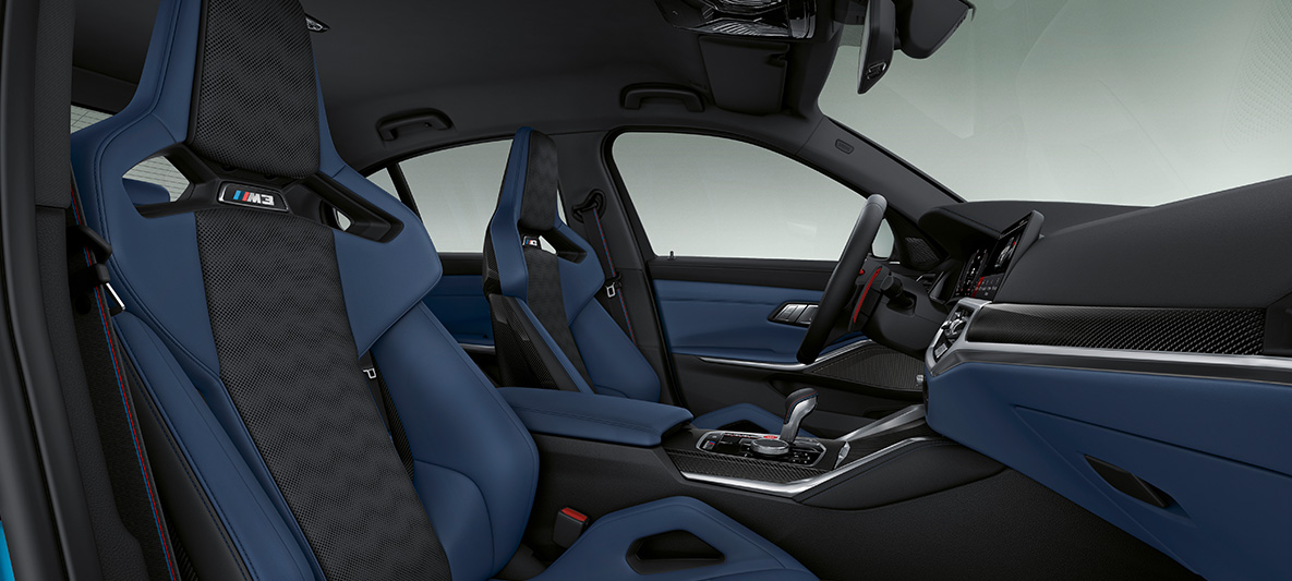 BMW Individual celokožené čalounění Merino Fjord Blue/Black (modrá/černá) BMW M3 Sedan 2021 G80 interiér BMW Individual celokožené čalounění Merino Fjord Blue/Black (modrá/černá) BMW M3 Sedan G80 2021 interiér