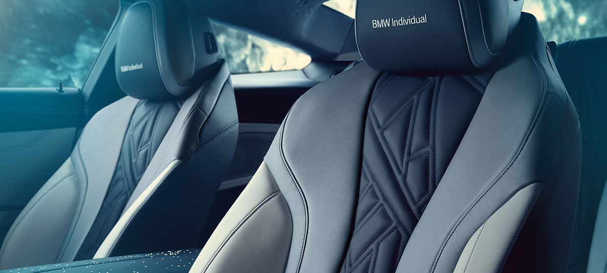 BMW Individual M850i NIGHT SKY, sportovní sedadla BMW Individual Detailní pohled na sportovní sedadla vozu BMW Individual M850i NIGHT SKY