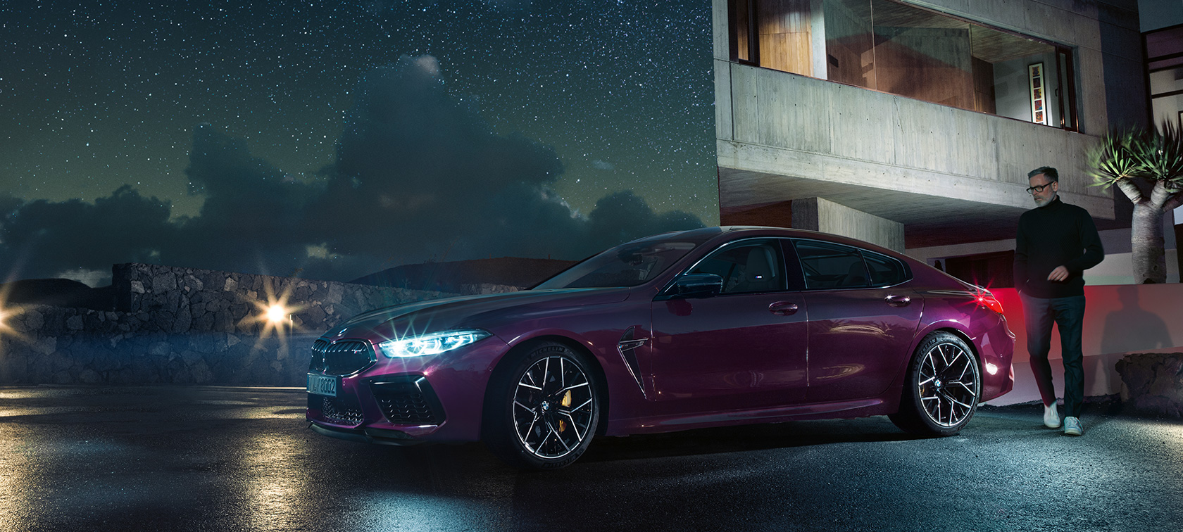 Nové BMW M8 Competition Gran Coupé Nové BMW M8 Competition Gran Coupé 2020 F93 v metalické barvě BMW Individual Ametrine, tříčtvrteční pohled z boku