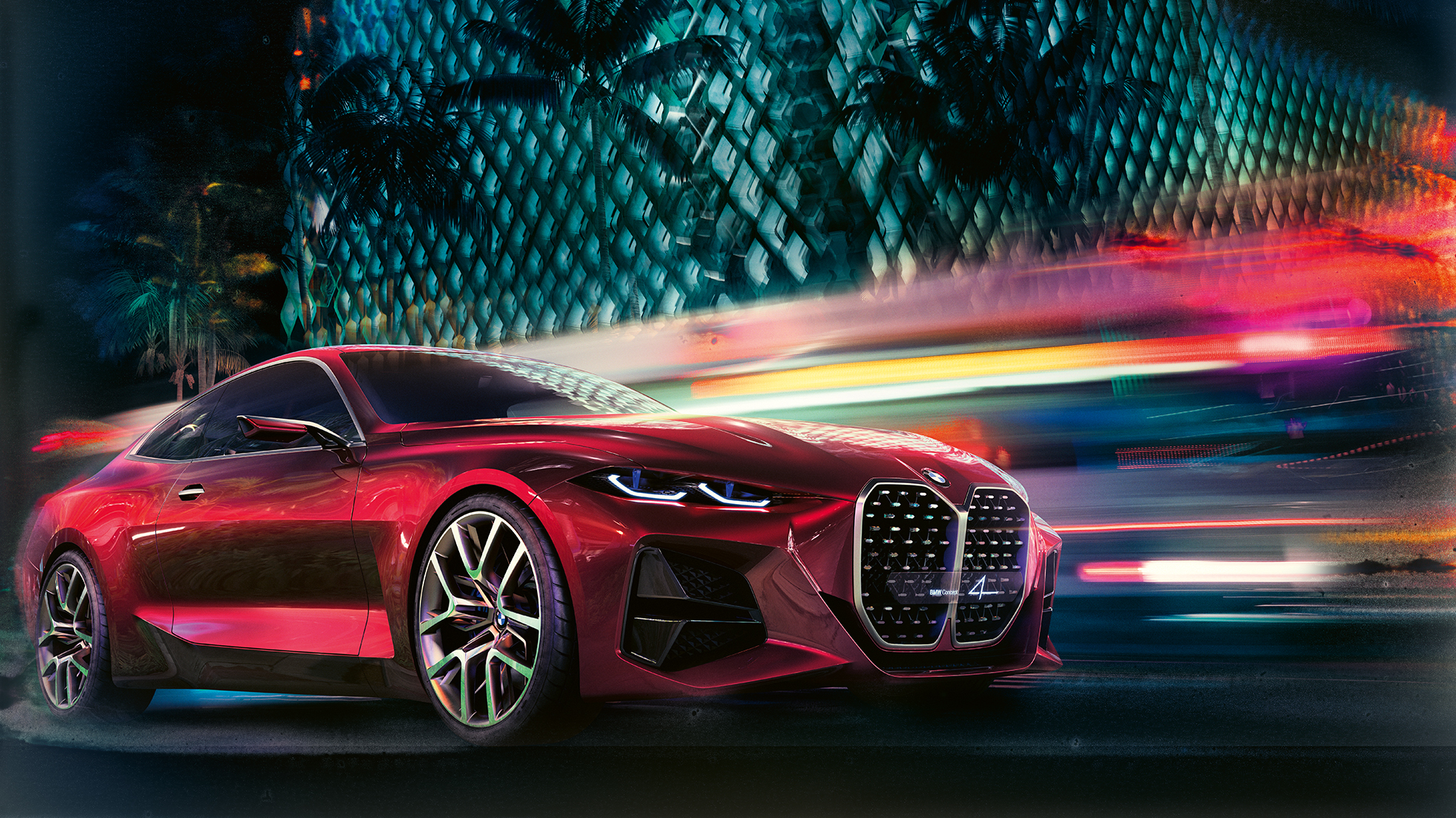 BMW Concept 4, tříčtvrteční pohled zepředu BMW Concept 4, červená Forbidden Red, design exteriéru, tříčtvrteční pohled zepředu