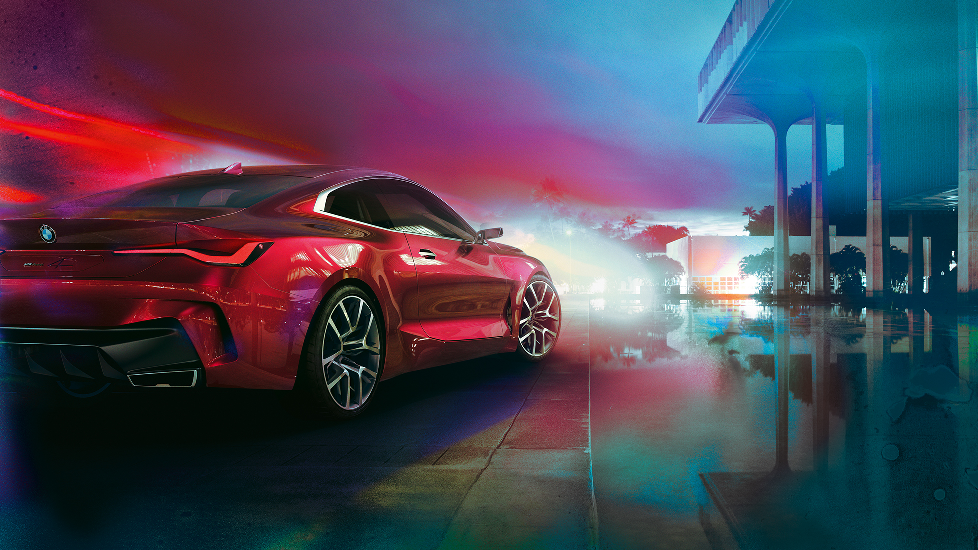 BMW Concept 4, tříčtvrteční pohled zezadu BMW Concept 4, červená Forbidden Red, tříčtvrteční pohled zezadu