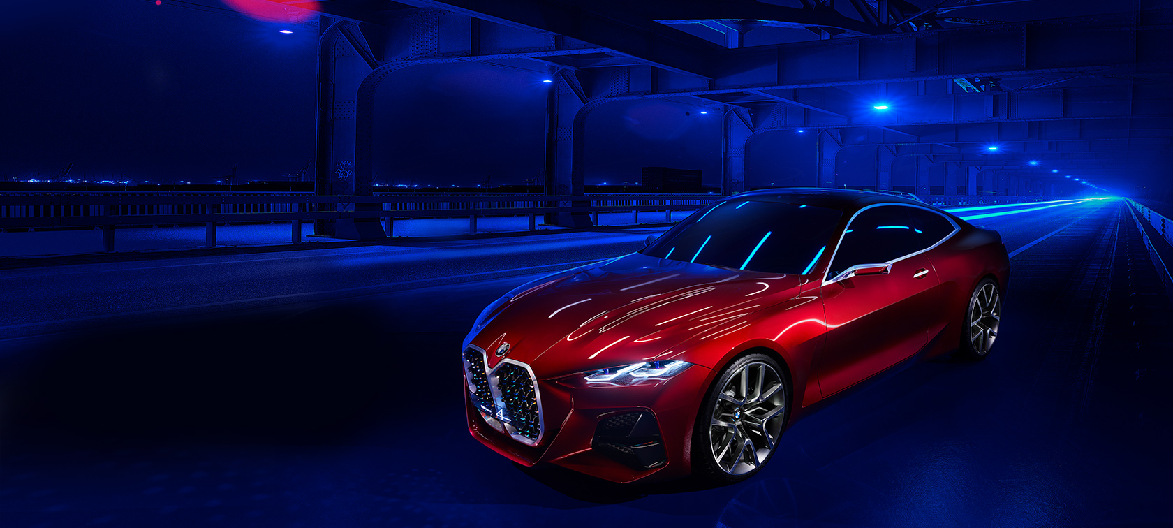 BMW Concept 4, tříčtvrteční pohled zepředu BMW Concept 4 Coupé v červené barvě Forbidden Red, tříčtvrteční jízdní pohled zepředu