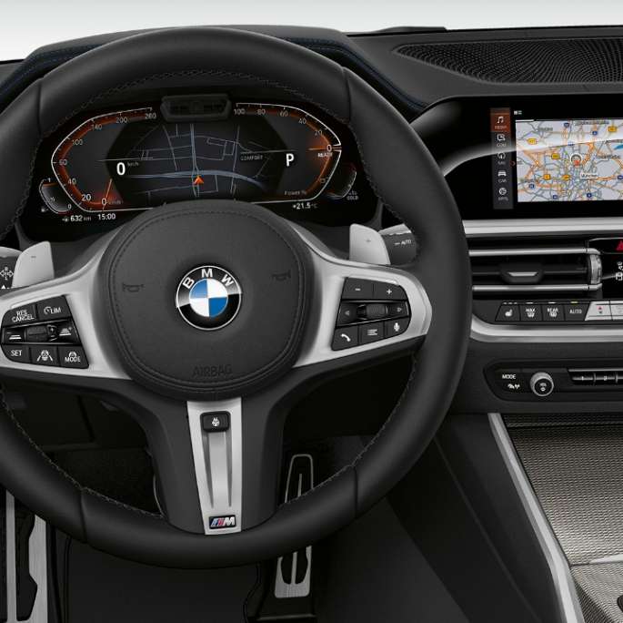BMW řady 3 Sedan, model Sport Line, interiér Přední detailní pohled na kokpit řidiče BMW řady 3 Sedan v provedení Model Sport Line.